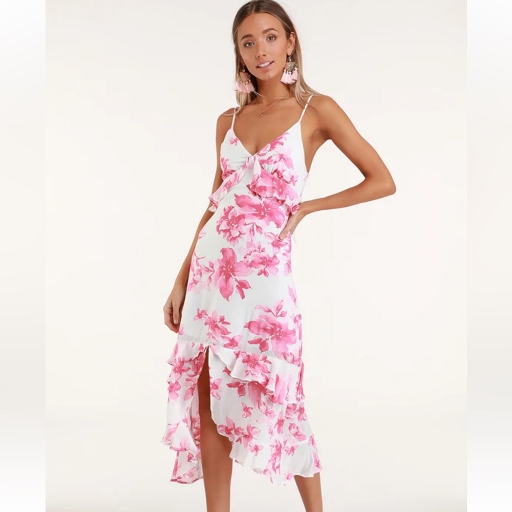 Lulu’s Island Time Pink and White Floral Print Ruffled Midi Dress